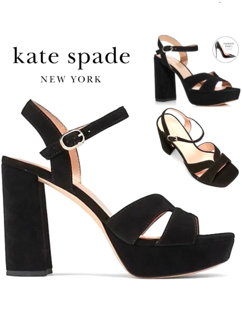 Kate Spade Delight Black Suede Platform Heels Block Heel Ankle Strap Sandals 10